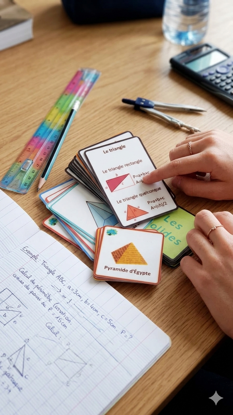 Jeu de Géométrie Les Solides Aires et Volumes cartes pédagogiques formules mathématiques ancrage visuel manipulation